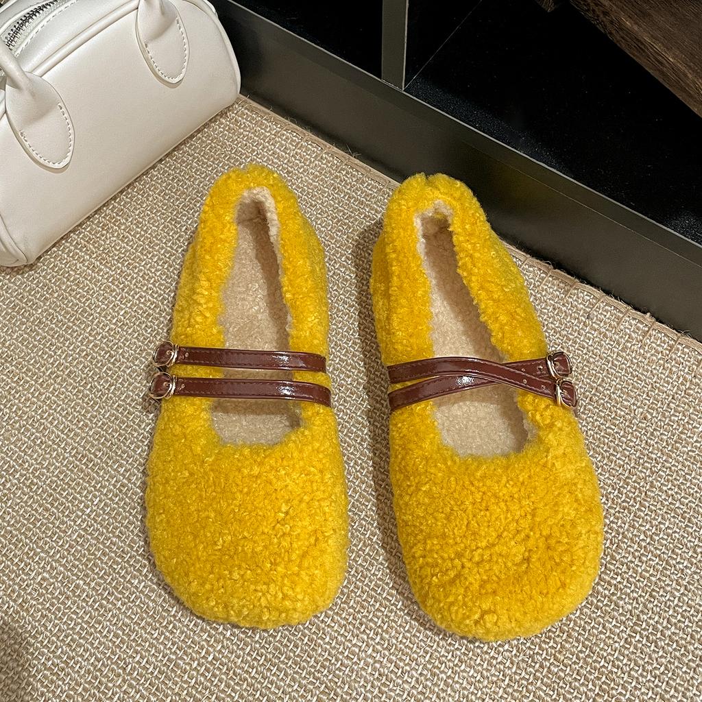 Fashion Autumn Winter Women Fur Flats Shoes Concise Comfort Street Style Soft Sole Female Dress Short Plush Mary Jane Shoes