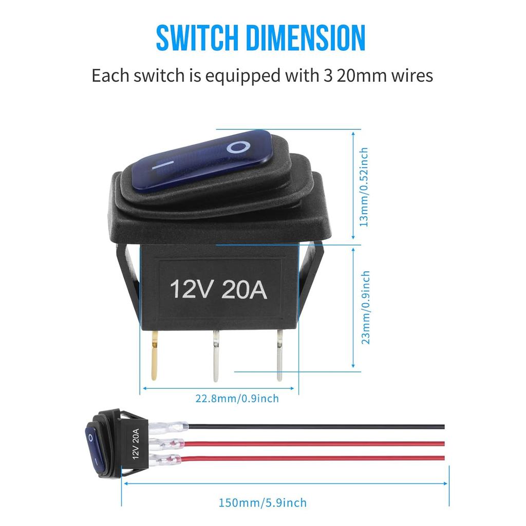 12V Rocker Switch Waterproof 5 PCS - 12 Volt Toggle Switch With 3 20Cm Detachable Wires, SPST 3 Pin On Off Switches Snap-In Design Square Switch With