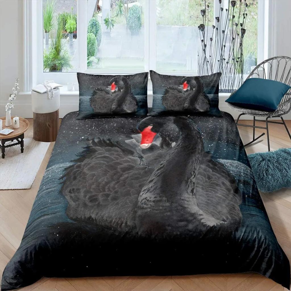 Swan Duvet Cover Black And White Swan Duvet Cover Queen Bird Comforter Cover Microfiber Romantic Flower Wild Animals Quilt Cover