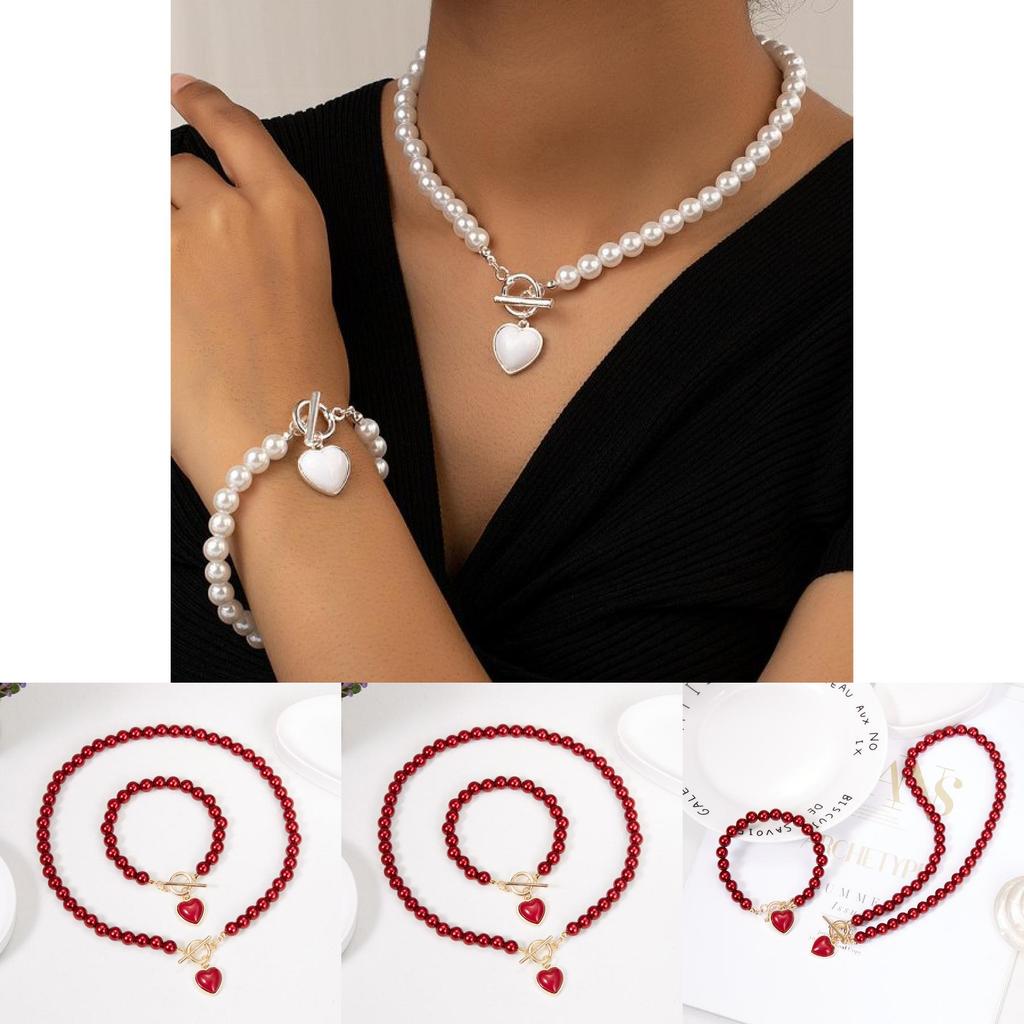 Heart Shaped Pearl Necklace And Bracelet Set For Women With Handcrafted Design For Fashionable Office Wear