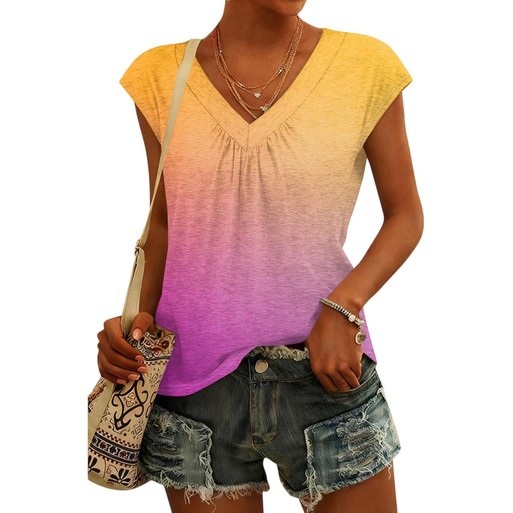 Women's Fashion V-neck Gradient Print Short Sleeve Top
