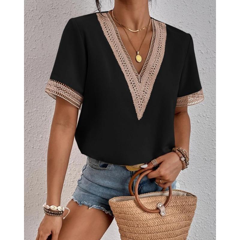 Summer Women's Short-sleeved T-shirt New Short-sleeved Solid Splicing Lace Chiffon Foreign Style Commuter OL White