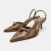 Retro Brown High Heels Women Fashion Metal Buckle Decoration   Shoes Elegant Banquet Dress Shoes Zapatos De Mujer