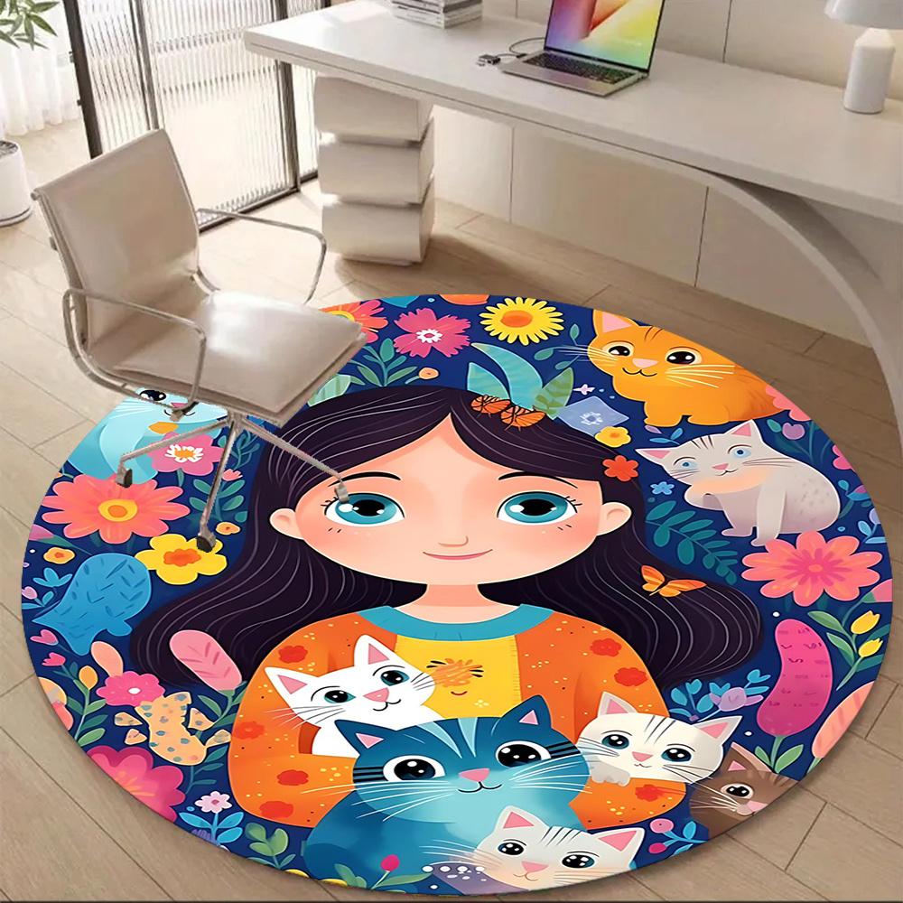 

1PC Cat Lovers Floral Fantasy Office Round Area Rug, Indoor Mat Suitable ForOffice, Under Office Chairs Bedroom Living Room Home Decor, Room Deco g041 80cm by 80cm