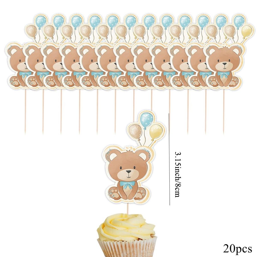 20pcs Carton Bear Cupcake Toppers Blue Pink Topper for Kids Baby Shower Bear Happy Birthday Party Decorations DIY Cake Supply