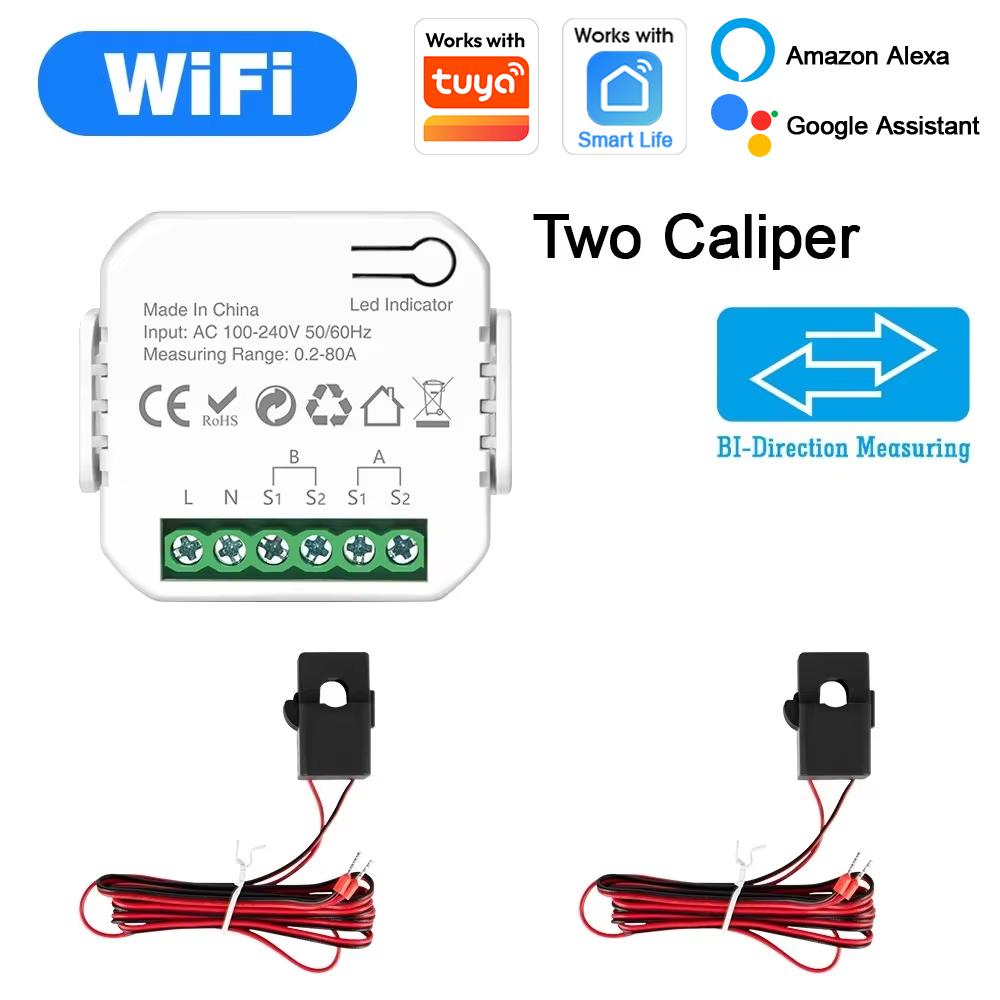 Tuya Smart WiFi Energy Meter with 1/2 CT Clamps for Solar PV System Power Production Consumption Bidirectional Monitoring Meter