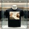 Lustiges Katzen- und Adam-Meme-Muster T-Shirt Retro Kurzarm Rundhals-T-Shirt mit Imitation des Designs der Sixtinischen Kapelle
