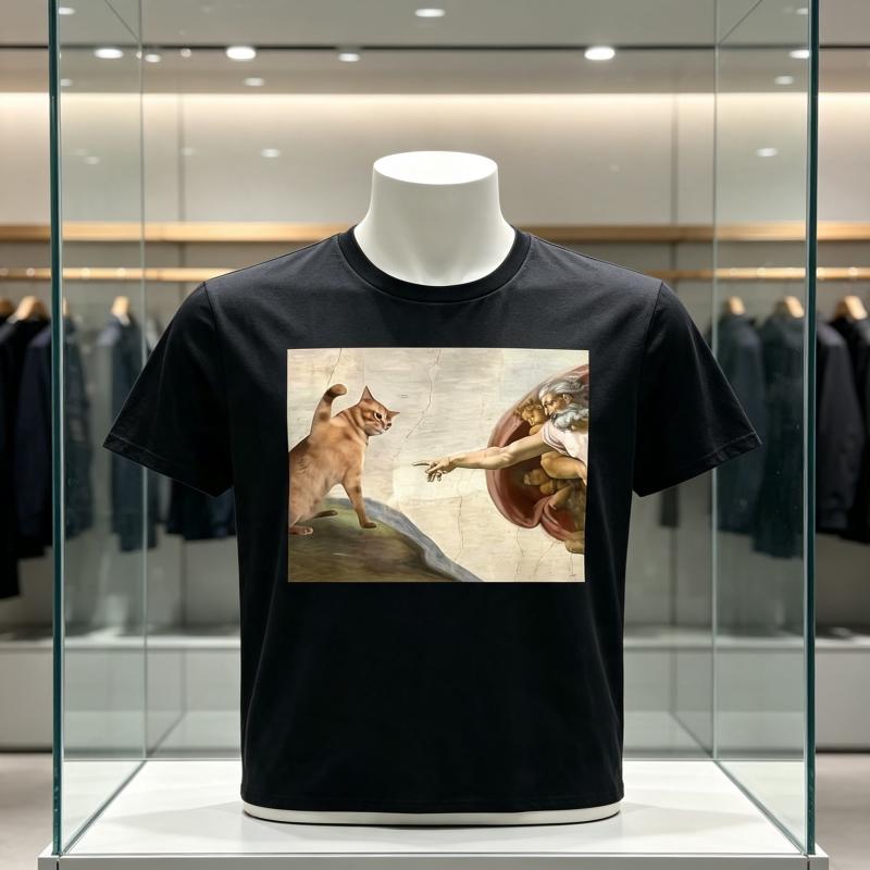Lustiges Katzen- und Adam-Meme-Muster T-Shirt Retro Kurzarm Rundhals-T-Shirt mit Imitation des Designs der Sixtinischen Kapelle