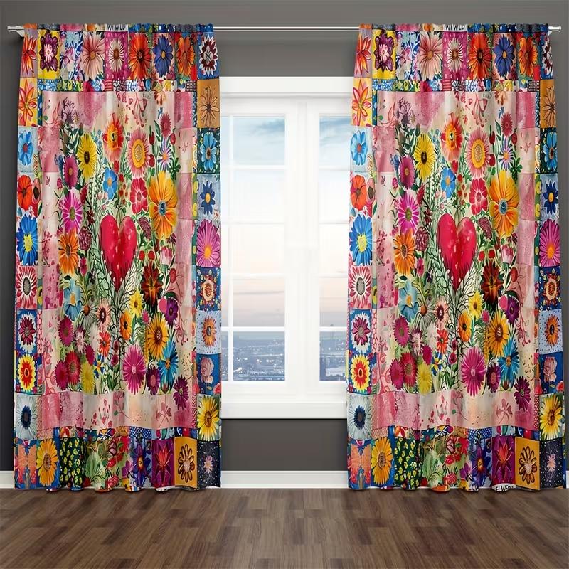 

2 шт. Красочные лоскутные шторы с цветочным сердцем в стиле бохо и винтажном принте, светофильтрующие портьеры, богемный домашний декор для гостиных 24x59in(60x150CM)x2&Rod Pocket