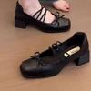 Französische Ballerinas mit dickem Absatz kleine Lederschuhe 2025 neu Schleife leichter Ausschnitt Retro eckige Zehenpartie Mary Jane Schuhe Damen
