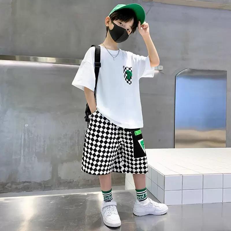 

Summer Boys Clothing Set Teenage Short Sleeve Clothes Suit Letter T-shirt Plaid Shorts 2Pcs Children Loungewear Outfits 120 білий