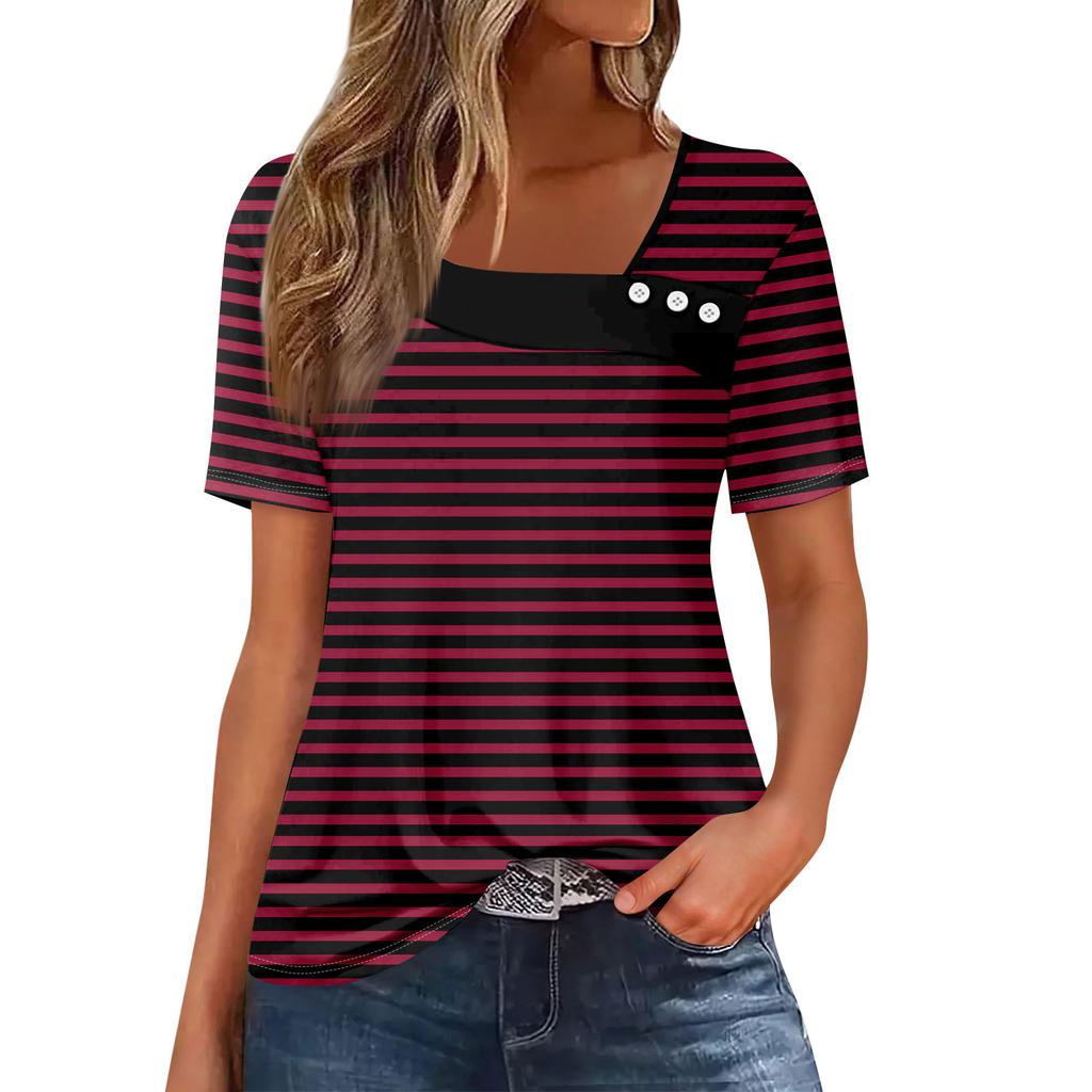 Dámské ležérní tištěné asymetrické tričko s krátkým rukávem a ozdobnými knoflíky