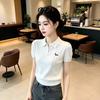 Women's Korean Style Polo Neck Embroidered Knit Shirt