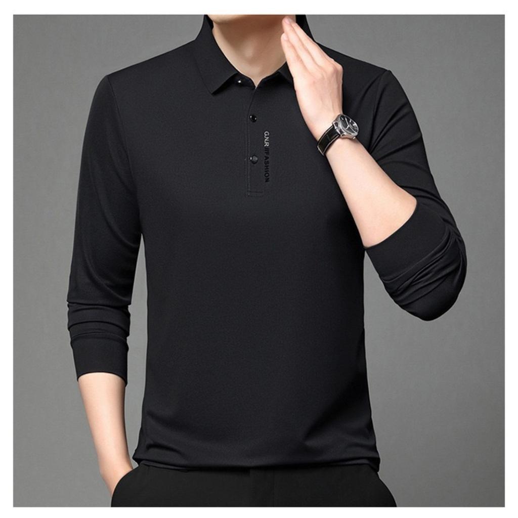 TrendHub Men's Long Sleeved POLO Shirt with Letter Printed Lapel Casual Top