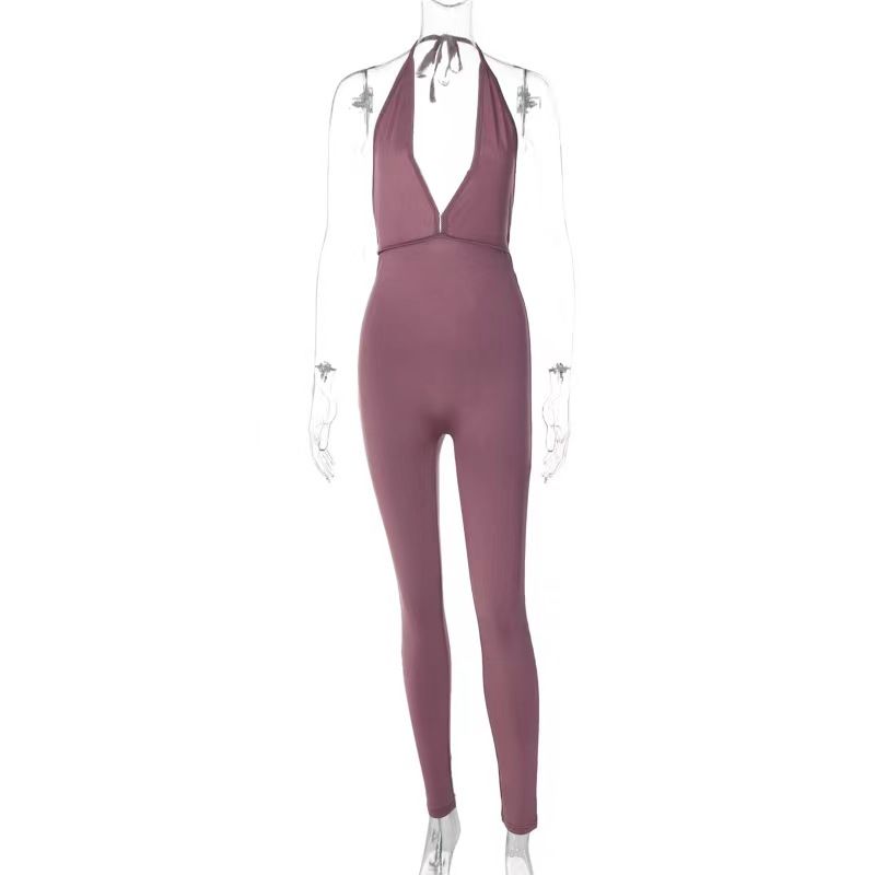 

Fashion Summer V-neck Halter Sexy Open Back Sports Slim-Fitting Jumpsuit Sexy Backless Jumpsuit Nude color L