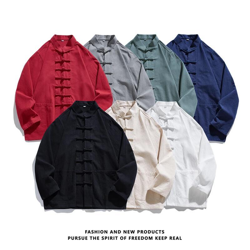 Herbst Herren Einfarbiges Hemd Herren Langarm Chinesischer Stil Hemden Tang Anzug Herren Retro Kung Fu Tai Chi Oberteile Weiße Hemden