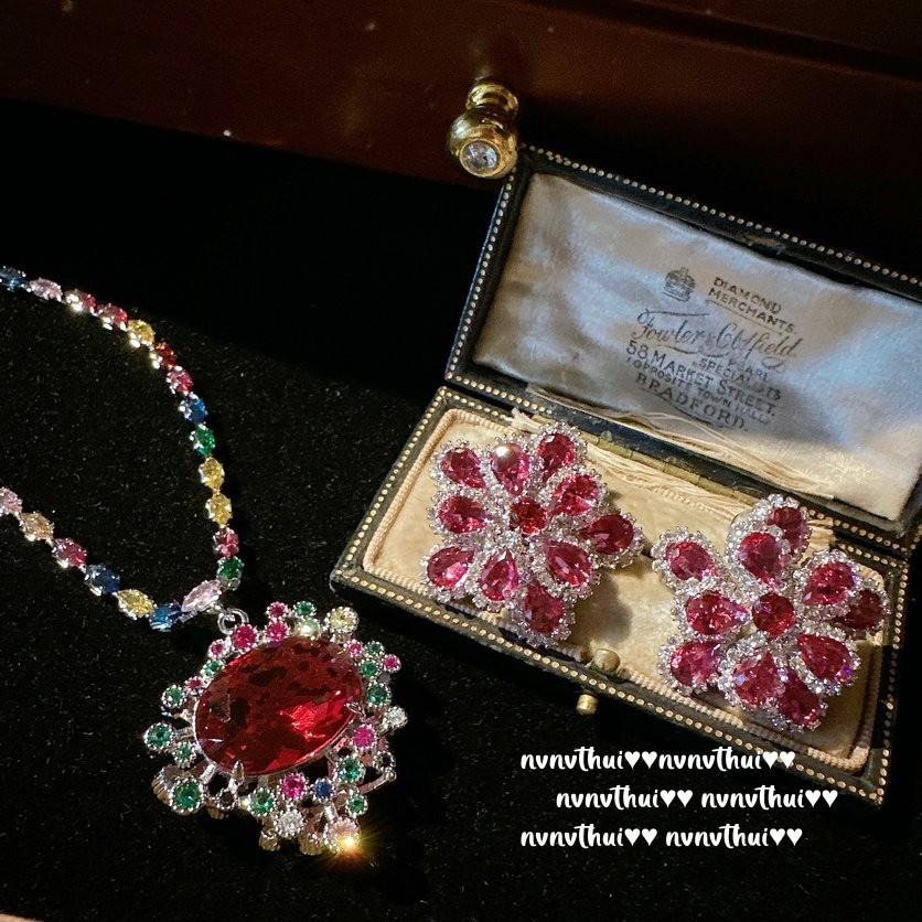 Swirl Pigeon Blood Ruby, Flower Necklace Vintage Plated 18K Gold Duobao Thistle Color Treasure Zircon Earrings