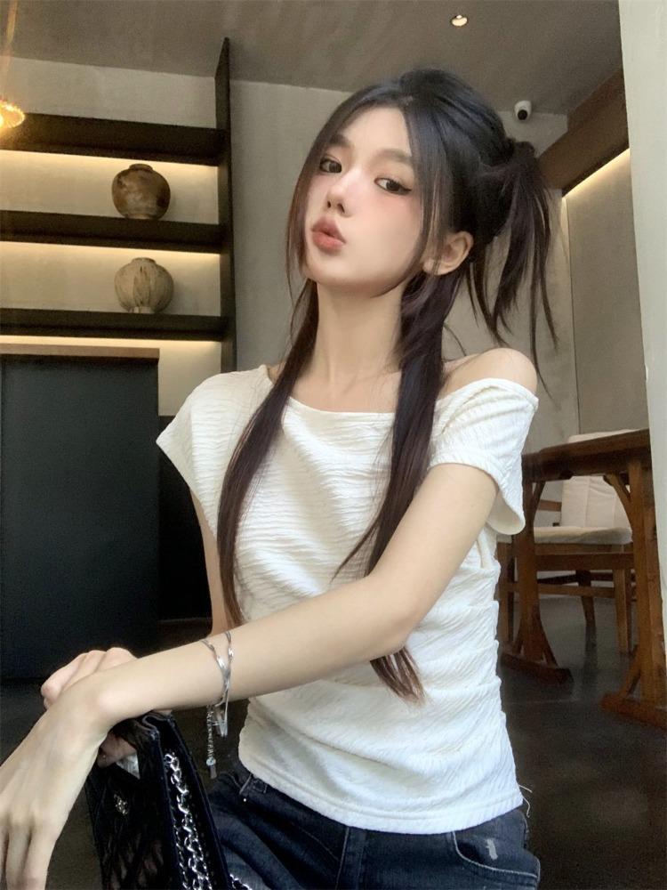 Women Summer Cropped T-Shirt Off Shoulder Sexy Slim Fit Short Sleeves Tops Fashion Sensibility Design Solid Elegant Clothing