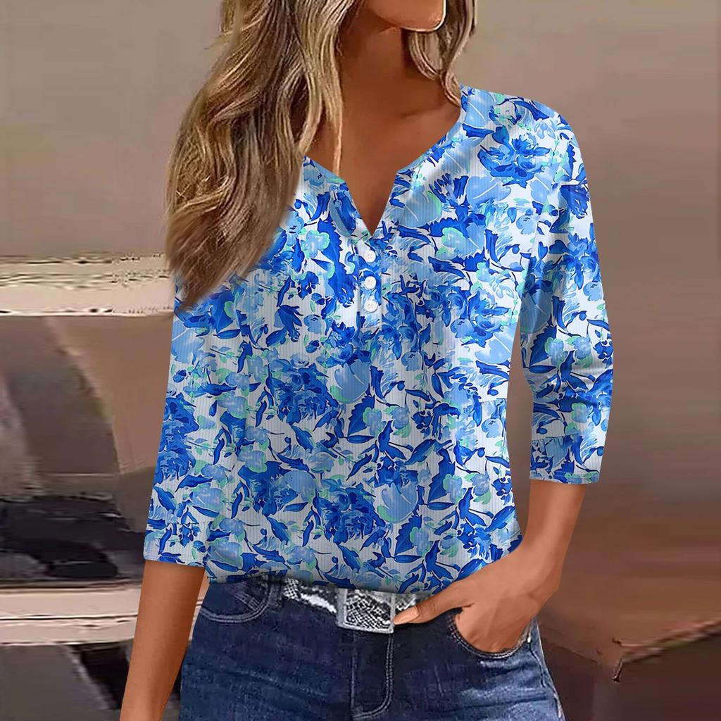 Women's T Shirt Tee Print Button 3/4 Sleeve Tunic Daily Weekend Fashion Basic V- Neck Regular Top