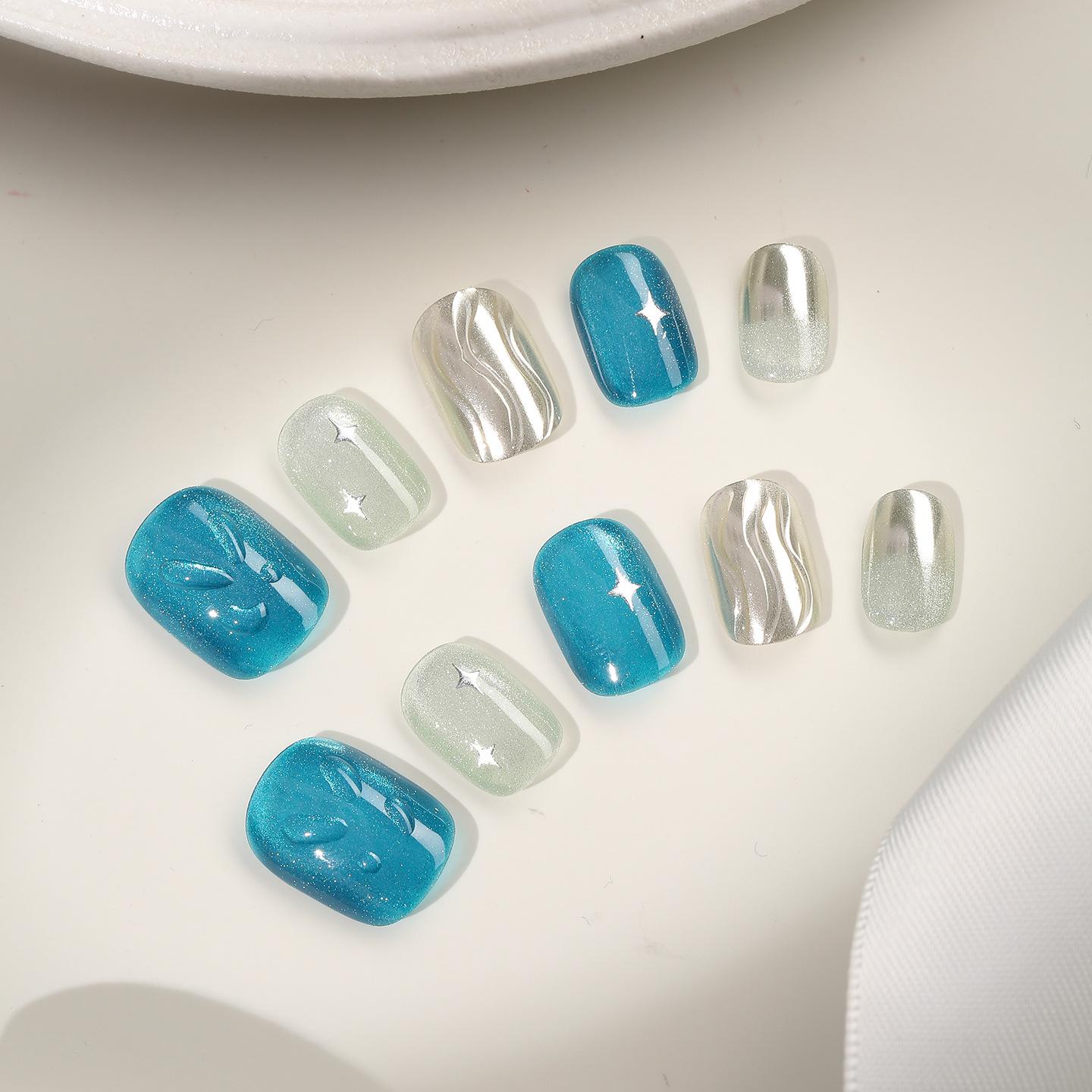 

Zhuoshimei Blue Galaxy Cat Eye Whitening Nail Patches - Short Luxury Manicure XS - Best for Delicate Hands