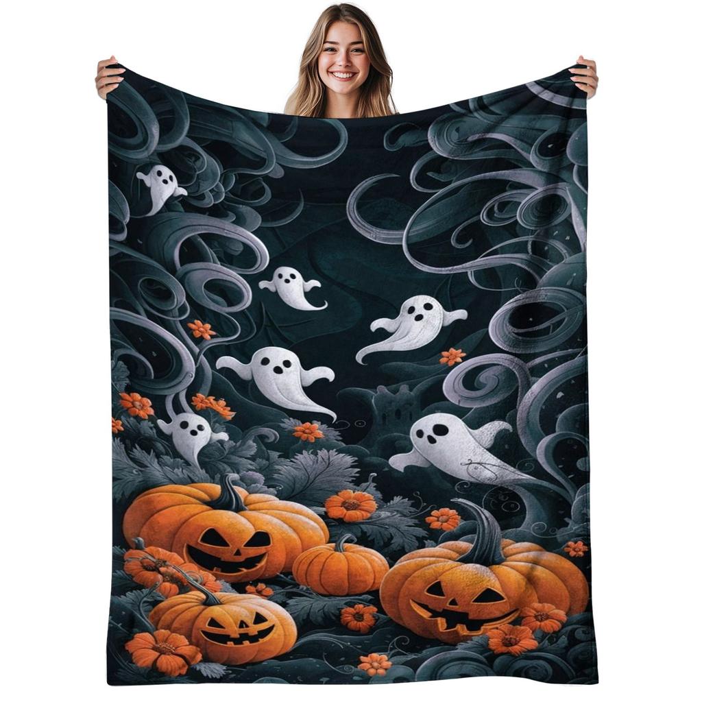 1pc Spooky & Pumpkin Flannel Blanket - Soft Warm 280gsm All-Season Cozy Throw with Ghosts, Jack-O'-Lanterns & Bats Print for Halloween, Christmas Deco