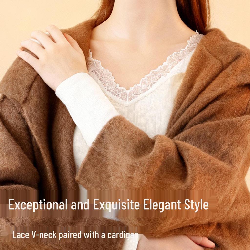 Women's Lace V-neck Warm Lingerie Set: Seamless Slimming Antibacterial Base Layer for Autumn and Winter