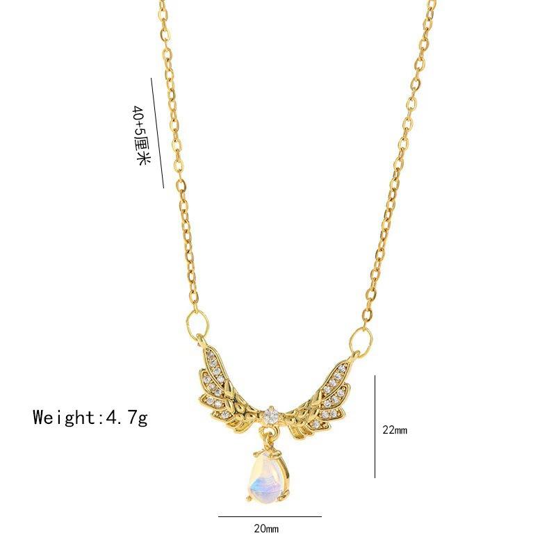 Women Light Luxury Minimalist Angel Wing Moonstone Drop Pendant Titanium Steel Clavicle Necklace