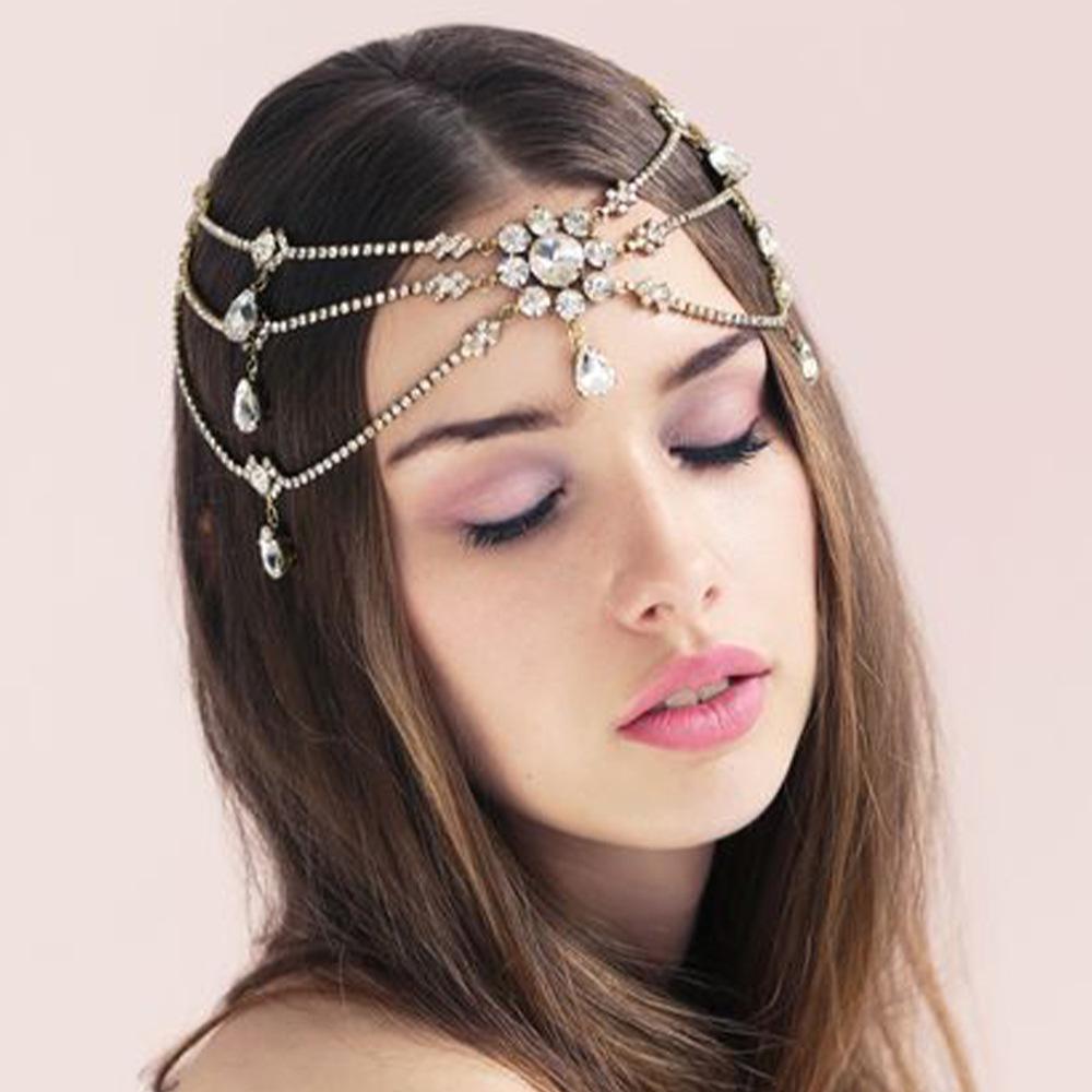 Vintage Trend Rhinestone Head Chain Forehead Headband Indian African Bohemian Hair Accesories Crystal Fringe Tiara Headdress
