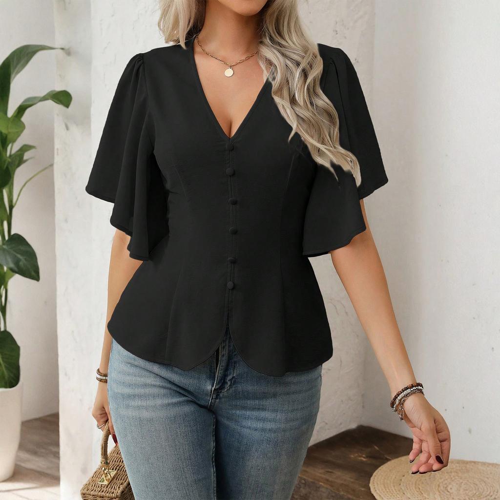 Women's Fashion Solid Color V Neck Single Breasted Waist Short Sleeved Top