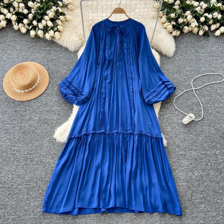 Lanterna Vintage Allacciatura Ruffle Vestito Maniche Lunghe Elegante Ampio Scollo O Moda Coreana High Street Abbigliamento Donna