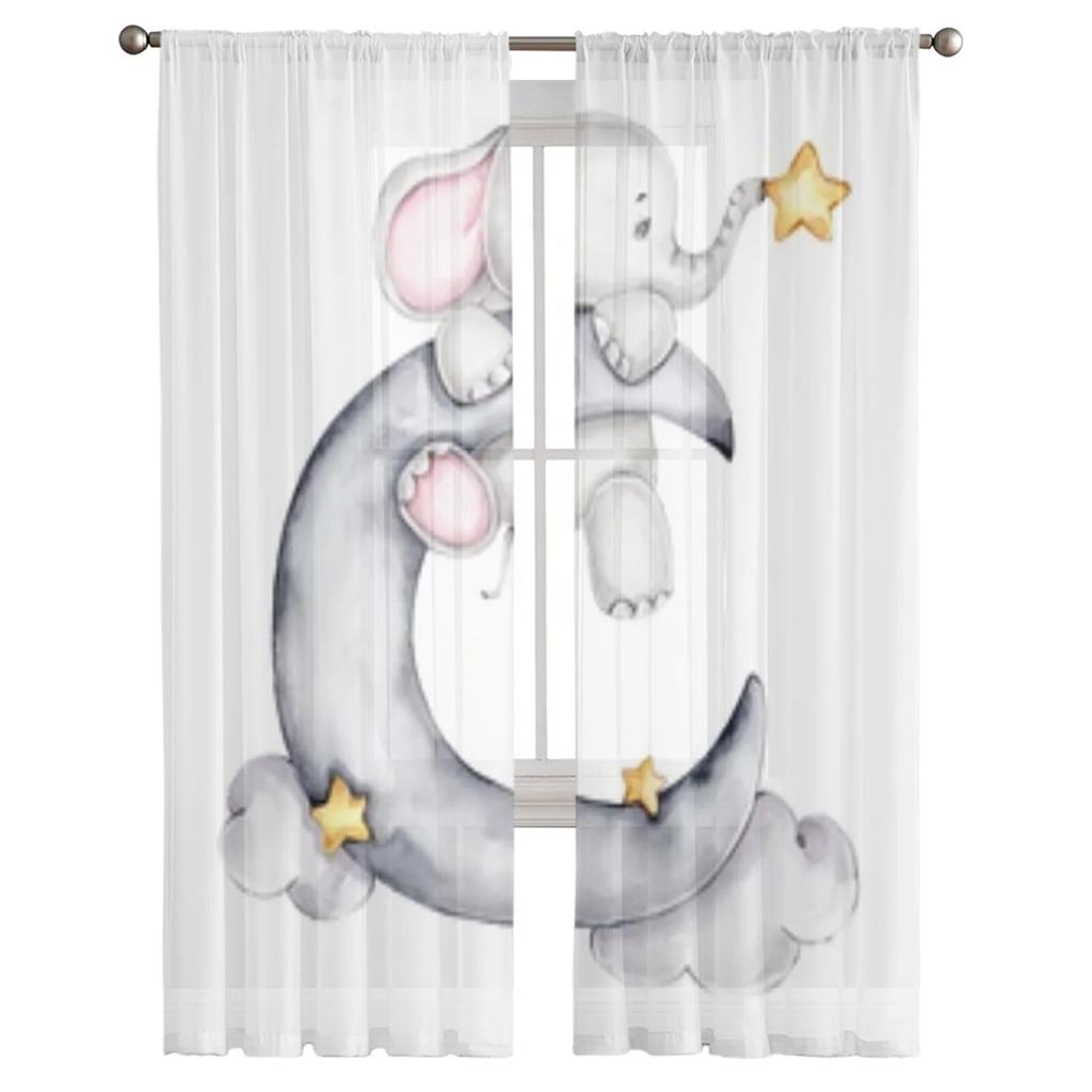 Mały Słoń z Gwiazdą i Księżycem Przezroczyste Zasłony do Okna w Salonie Transparentna Woalowa Tiulowa Zasłona Zasłony do Sypialni
