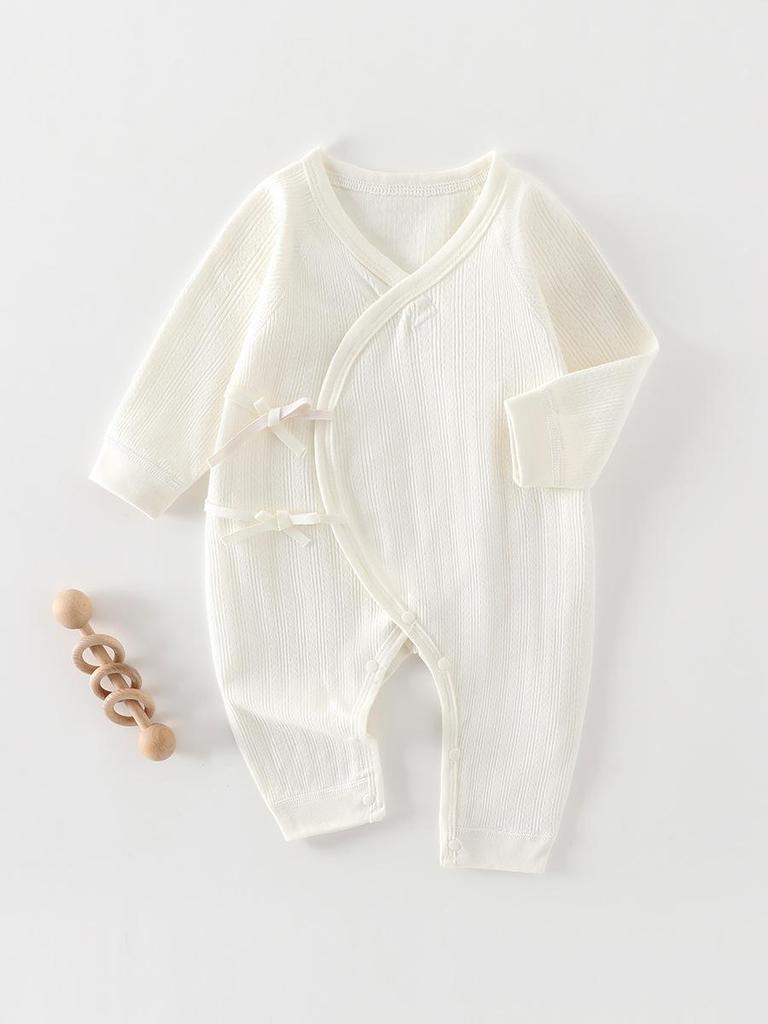 Pure Cotton Long-Sleeve Butterfly Bodysuit for Infants and Toddlers - Belly Protection, Lace-Up Design, One-Piece Home Wear, Spring