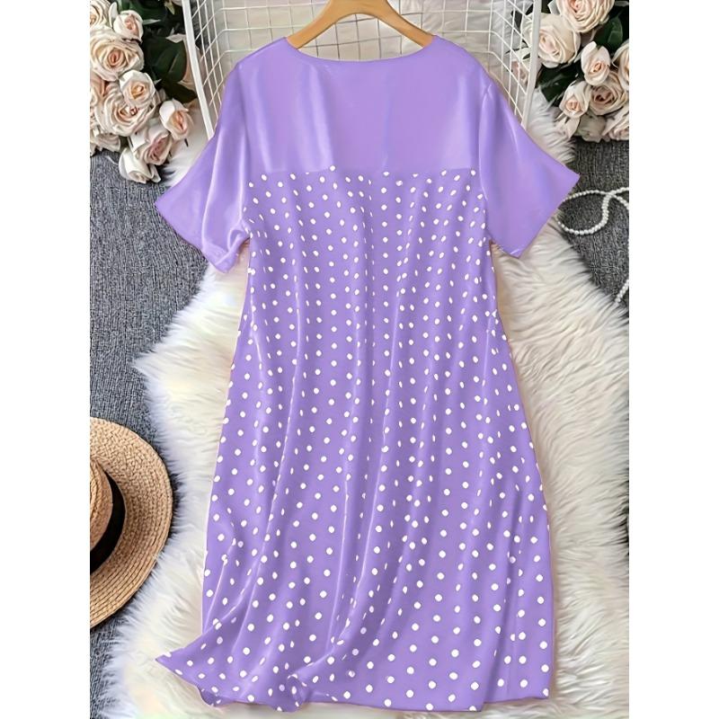 Spring Summer Polka Dot Round Neck Short Sleeved Sleeping Skirt Comfortable Dress for Women