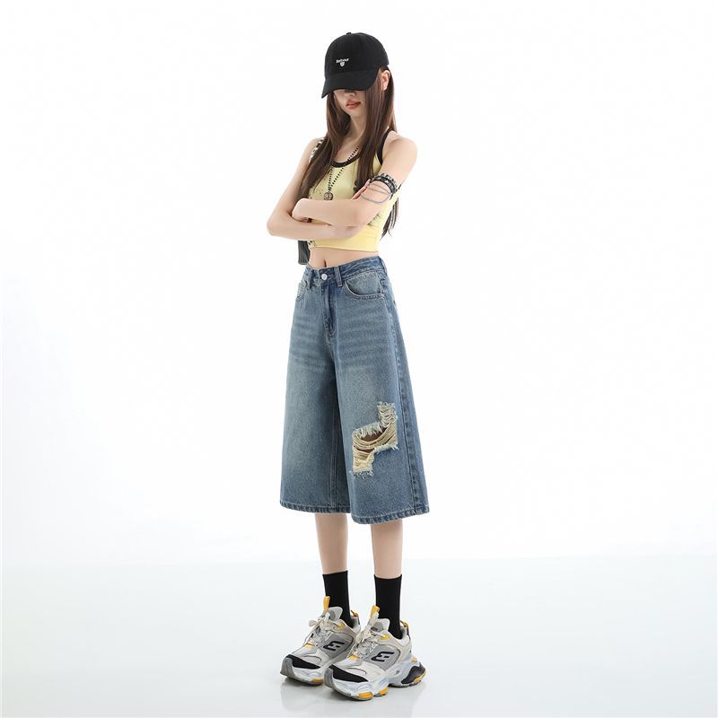 Mode Sommer Zerrissen Verwaschen Dünner Stoff Weiter Bein Locker Gerade Jeans Cropped Capri-Hose Zerstört Gewaschen Vielseitig Schlankmachend Streetwear Hosen