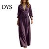 Solid Color Lace Dress Women V-Neck for Fall, 3/4 Sleeves Maxi with V Neck Belt, Loose Casual Long Vacation Daily Wear Belt
