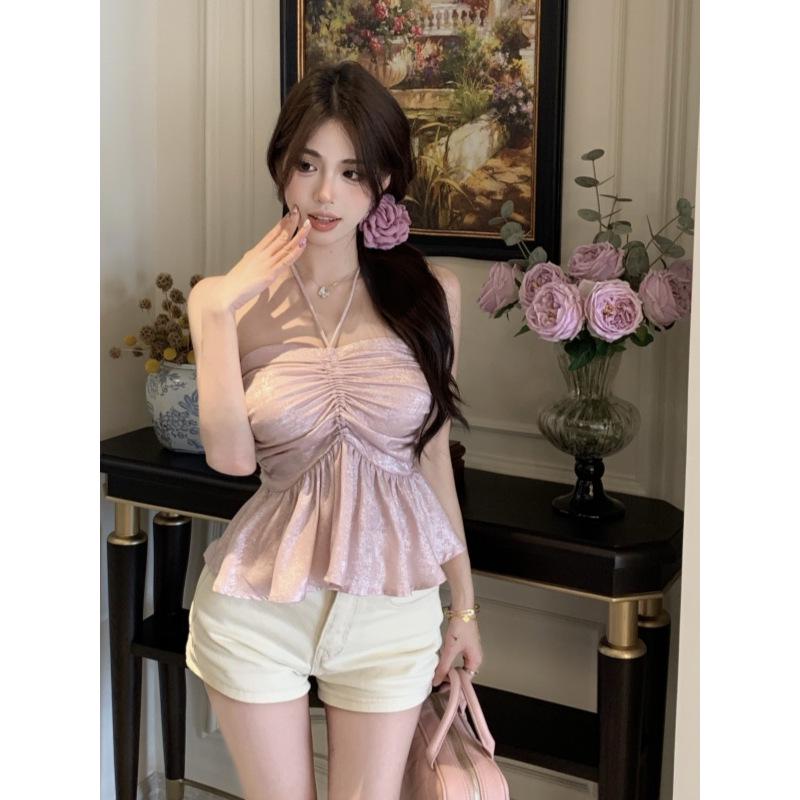 

Літній/Осінній 2025 року Персиково-Рожевий Кроп-топ на зав язці навколо шиї: Жіночий топ-бандаж стилю Sweetheart S (80-90 jin) персиковий/рожевий
