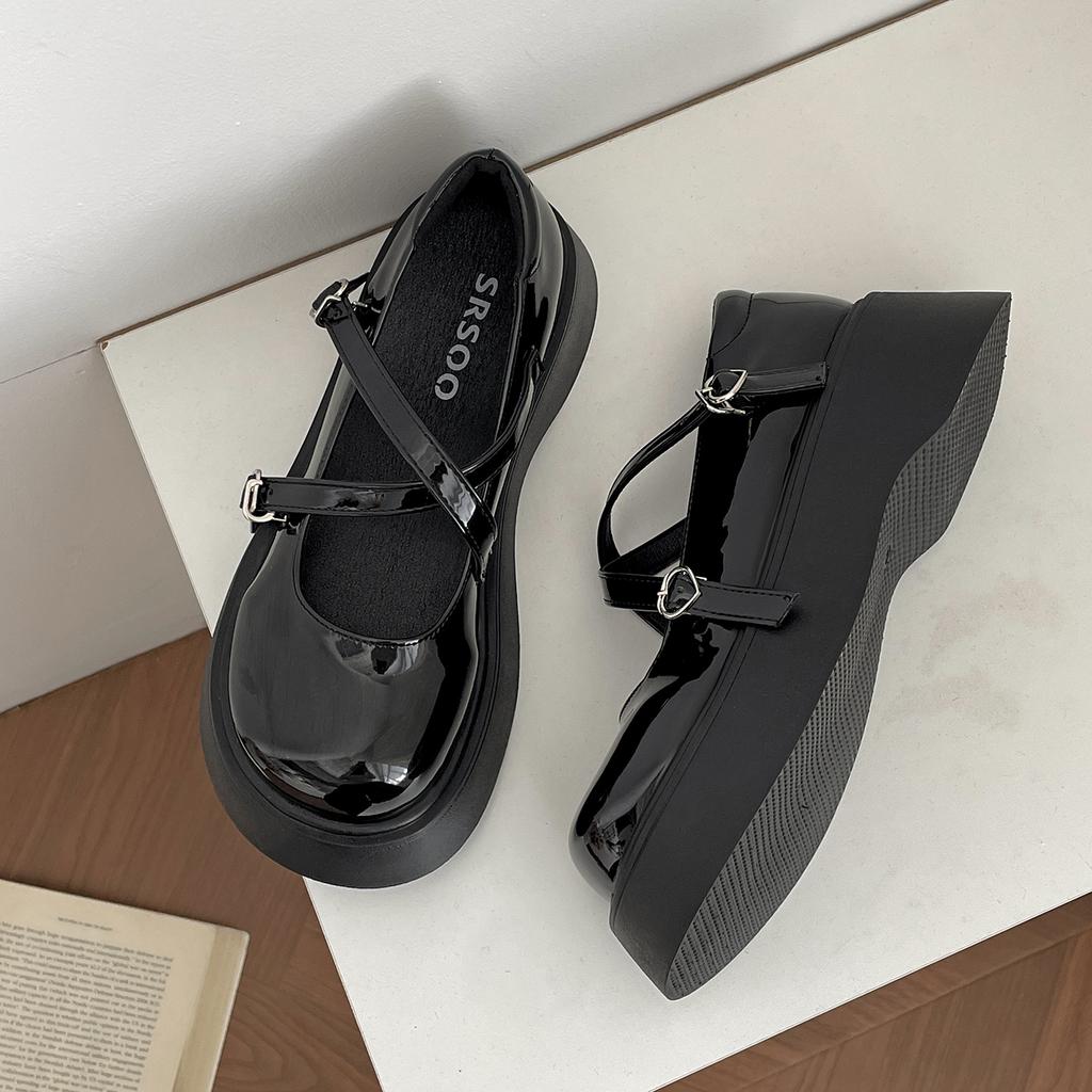 Black French versatile round head platform small leather shoes women's 2025 new summer skirt heightening Mary Jane single shoes