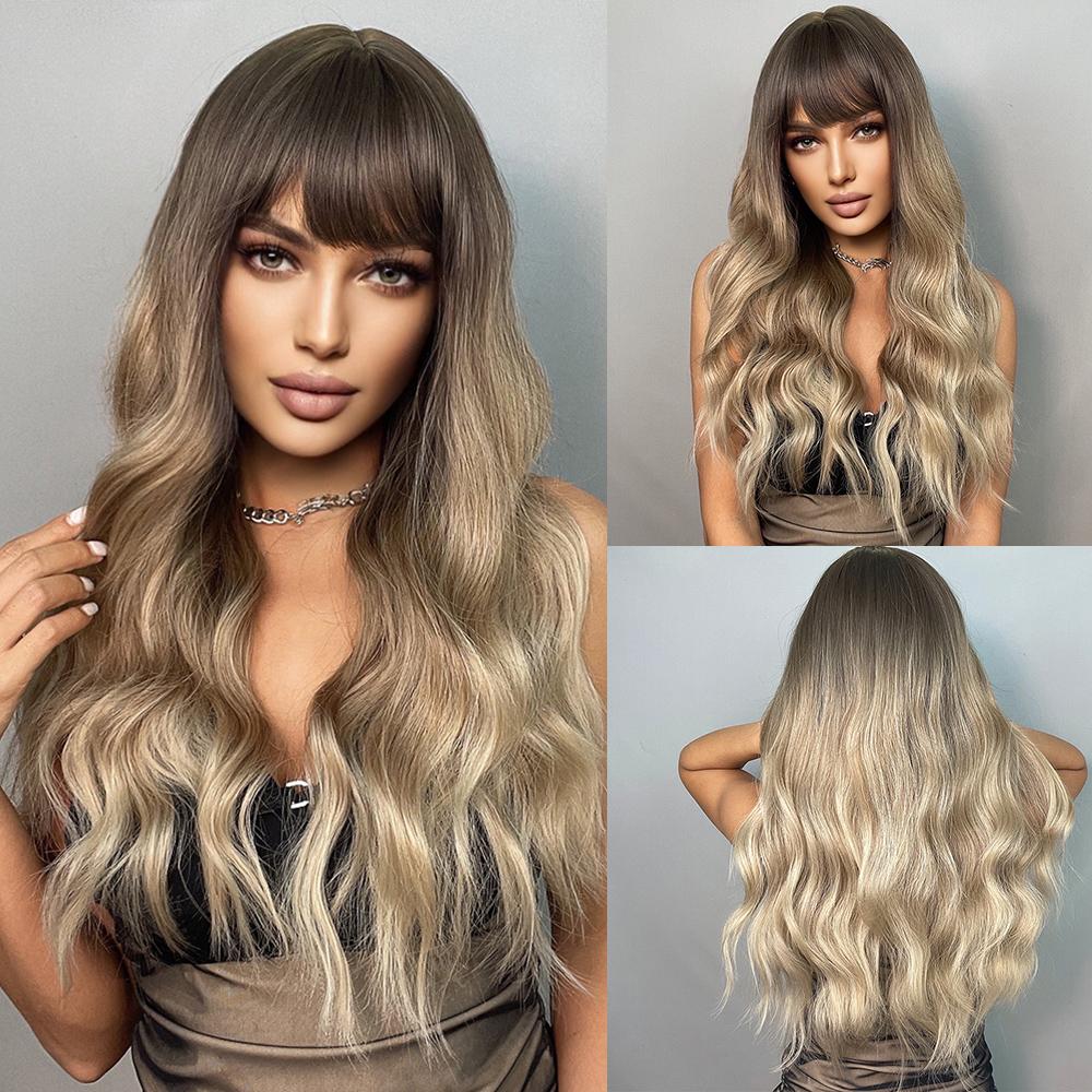 oneNonly Long Body Wave Ombre Brown Pink Synthetic Wigs with Bangs Natural Wave for Women Cosplay Natural Wig Heat Resistant