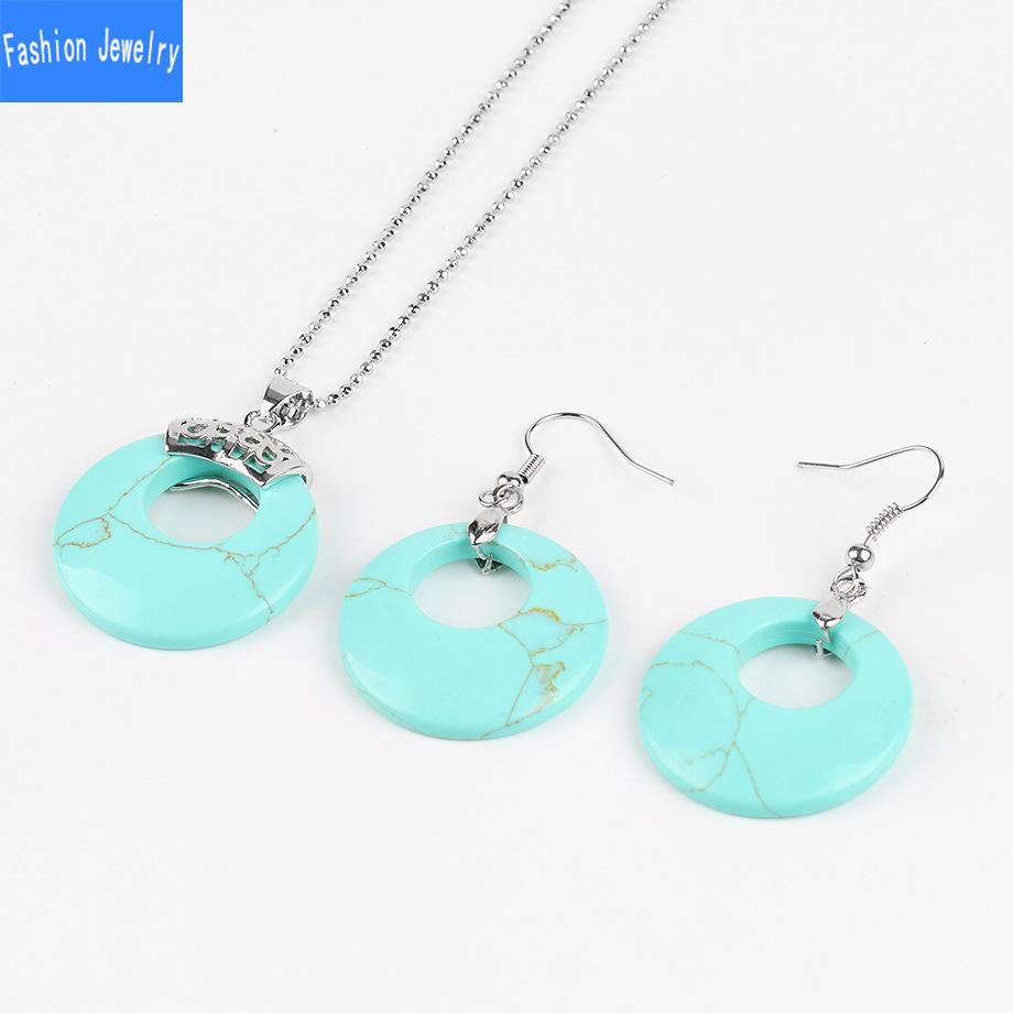 Damen Naturstein Hohl Konzentrisch Rund Set Blume Grün Weiß Kristall Tigerauge Stein Ohrring Halskette Set