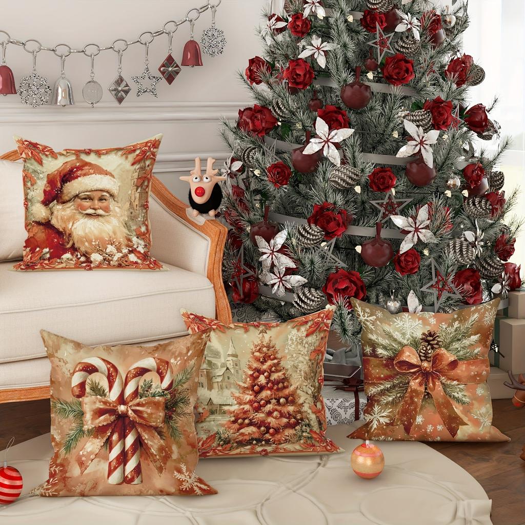 Christmas Day Party Decoration Pillowcase Santa Claus Christmas Tree Bow Pattern Suitable for Home Room Sofa Cushion Cover