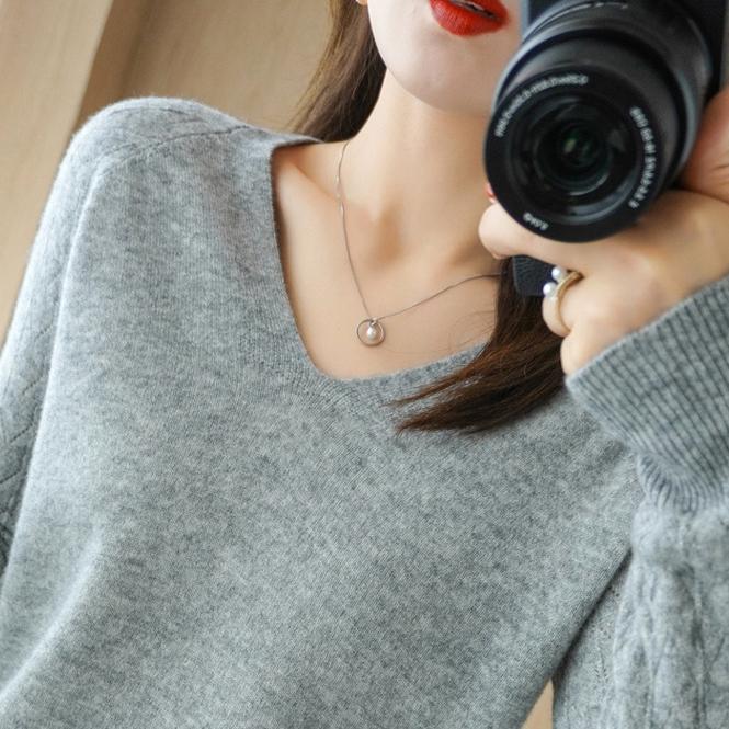 Hollow Out Sweater Women's Solid Color Autumn and Winter Base Sweater Long Sleeved Knitted Sweater Slim V-neck Pullover Trendy Sweater