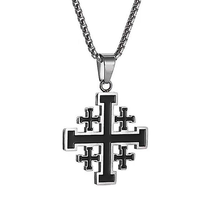 Retro Czarny Naszyjnik z Krzyżem - Męski Hip Hopowy Dodatek ze Stali Nierdzewnej