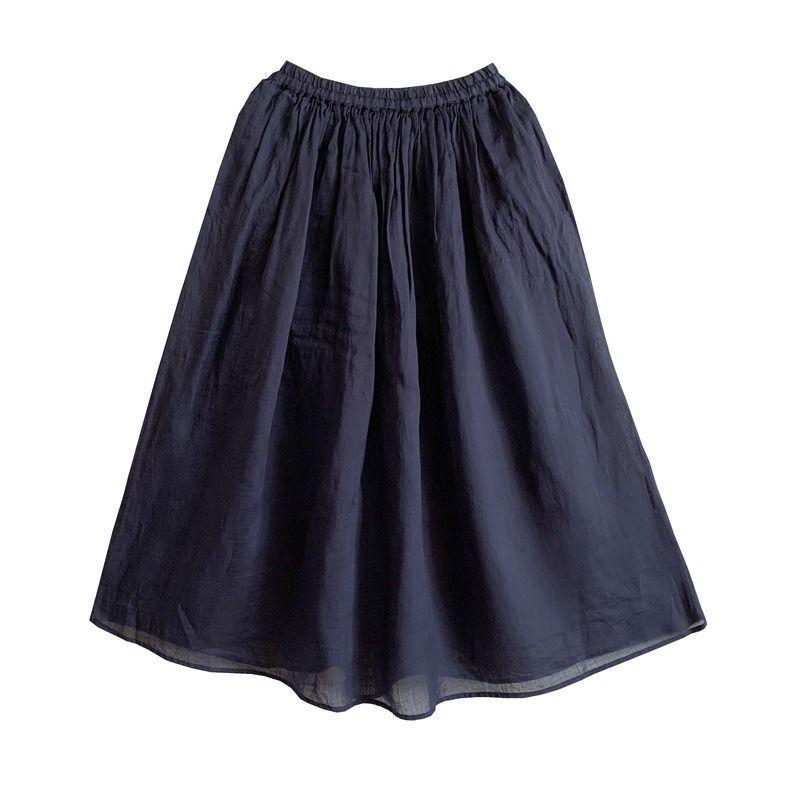2024 Women's Summer Hanfu Mid-Length Skirt - Retro Cotton/Linen, Hip-Covering, High-End Solid Color Design