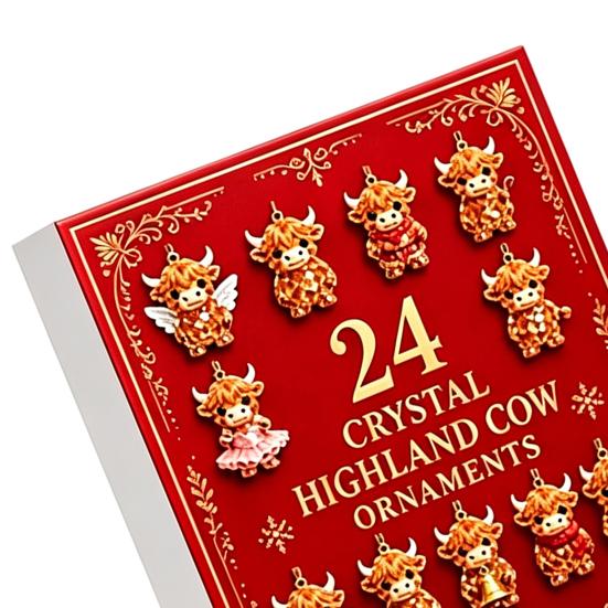 Creative Advent Calendar Gift Highland Cow Calendar, 24 Pcs Acrylic Hanging Ornaments for Christmas Holiday Countdown Box Tree Decoration, Festive