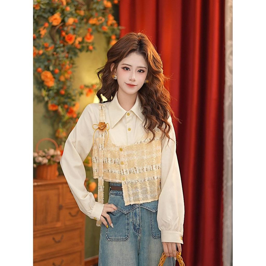 DaYuanSAD Zhang Jiayuan Women's Retro Floral Long-Sleeve Shirt #G15249 - Hong Kong Style Spring Top