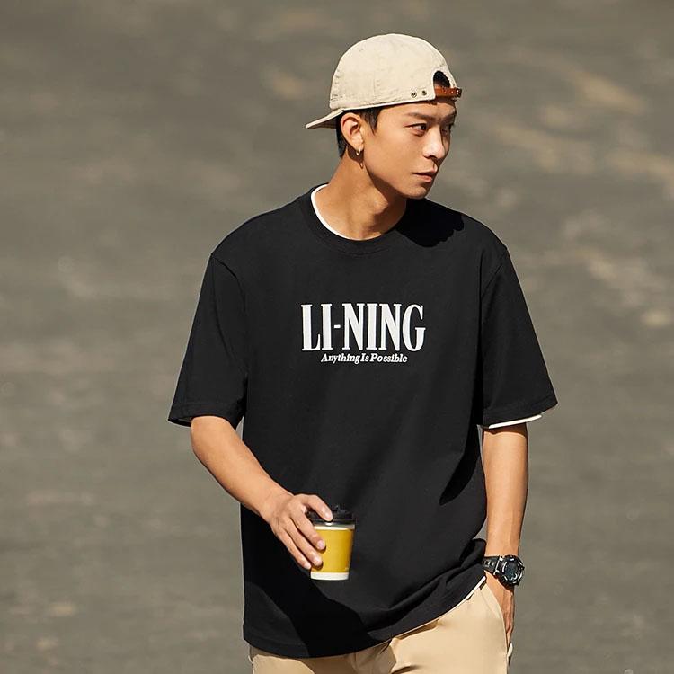 Li Ning Sports Lifestyle Series Logo Print Round Neck Short Sleeve Drop Shoulder T-Shirt Unisex T-Shirt Black AHSSF51-3