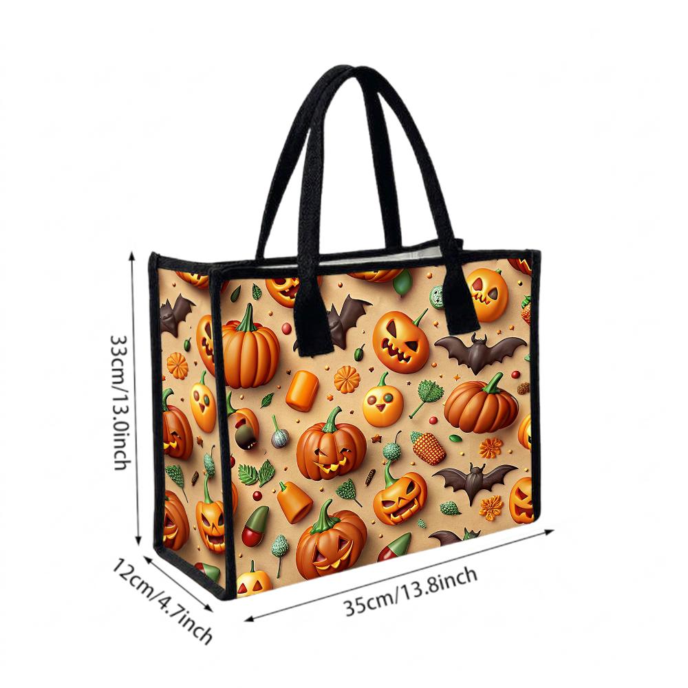 Halloween Pumpkin Bat Print Tote Bag Fashion Large Capacity Handbag for Daily Use Party
