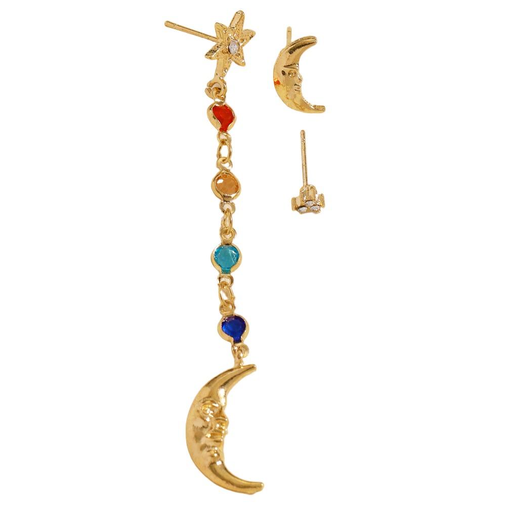 Fantasy Moon Star Colorful CZ Dangle Earrings Set Gold Tone Long Tassel Drop Stud Earrings Set for Women Face Slimming Jewelry