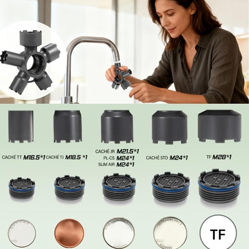 Universal 10-in-1 sink aerator removal tool, wide size coverage. Durable kit for daily faucet aerator disassembly and repair.
