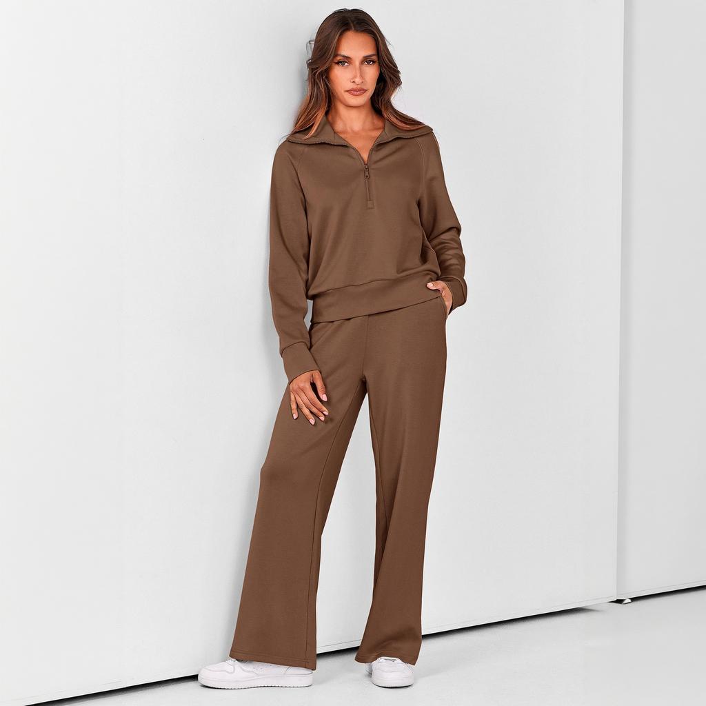 Women's Zip Up Long Sleeve Hoodie and Wide Leg Pants Activewear Set